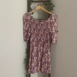 Smocked Floral Puff Sleeve Mini Dress – Mauve Cottagecore Style